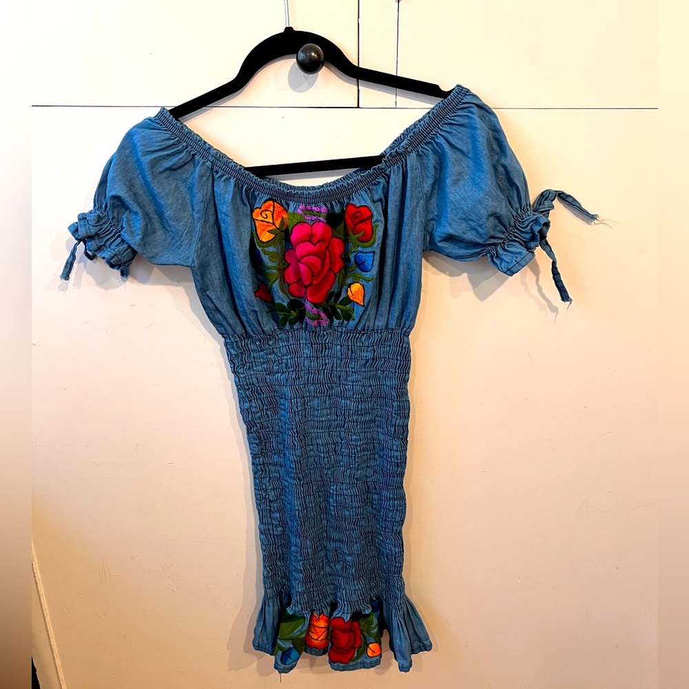 Anthropologie Embroidered denim mini dress
